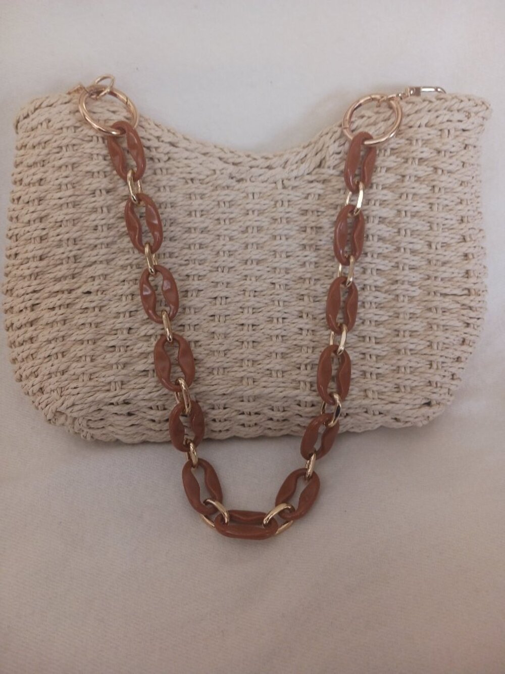 Excellent Condition Light Cream Rattan Shoulder Bag With Gold Tone Accents